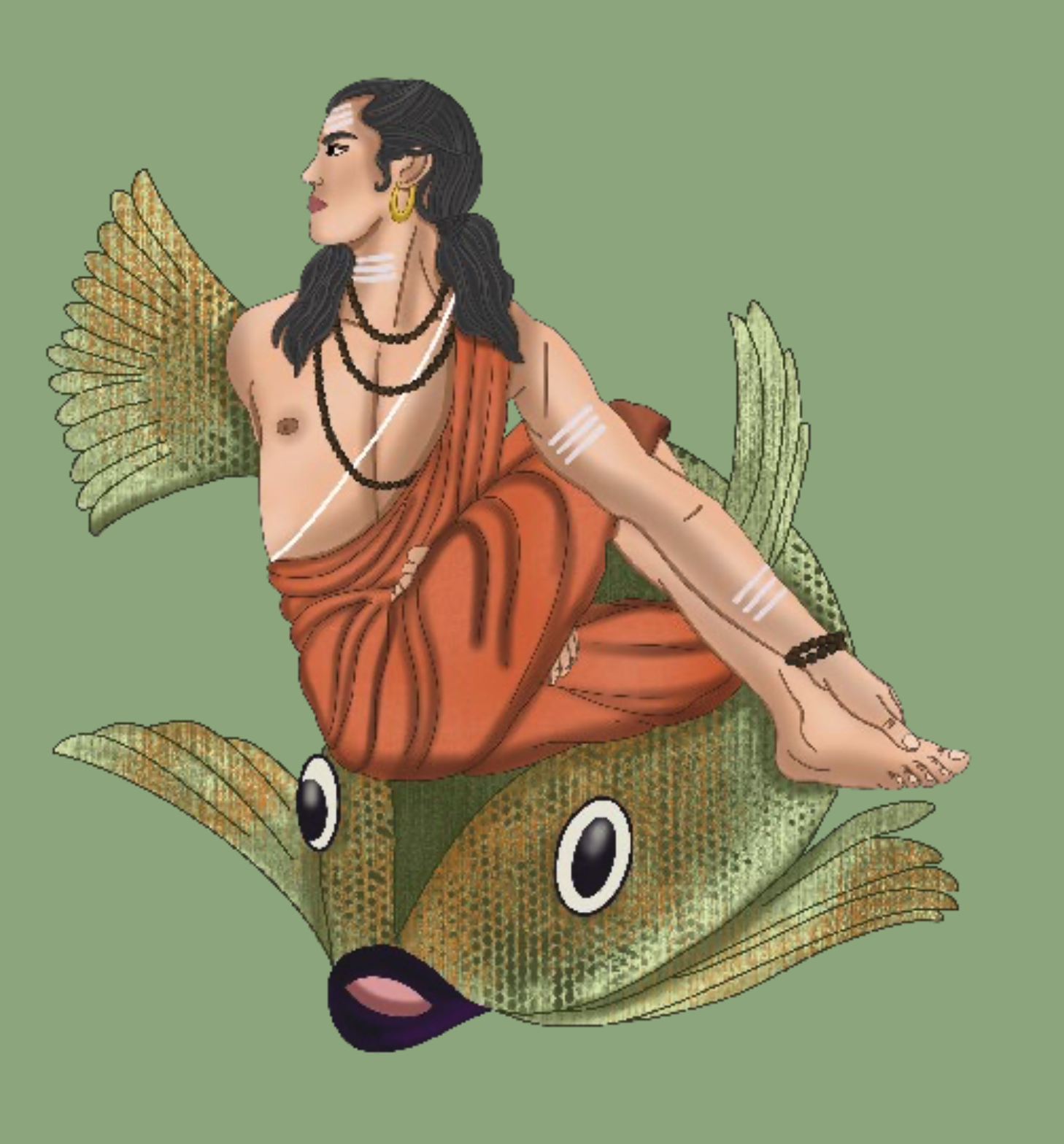 5.0 Sages Front 2 Image of Sage Matsyendra seated on a fish in a twist pose.